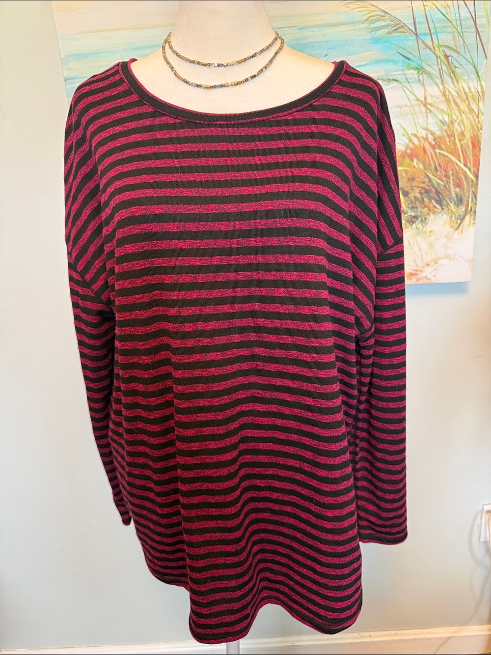 Talbots Black and Berry Striped Long Sleeve Top